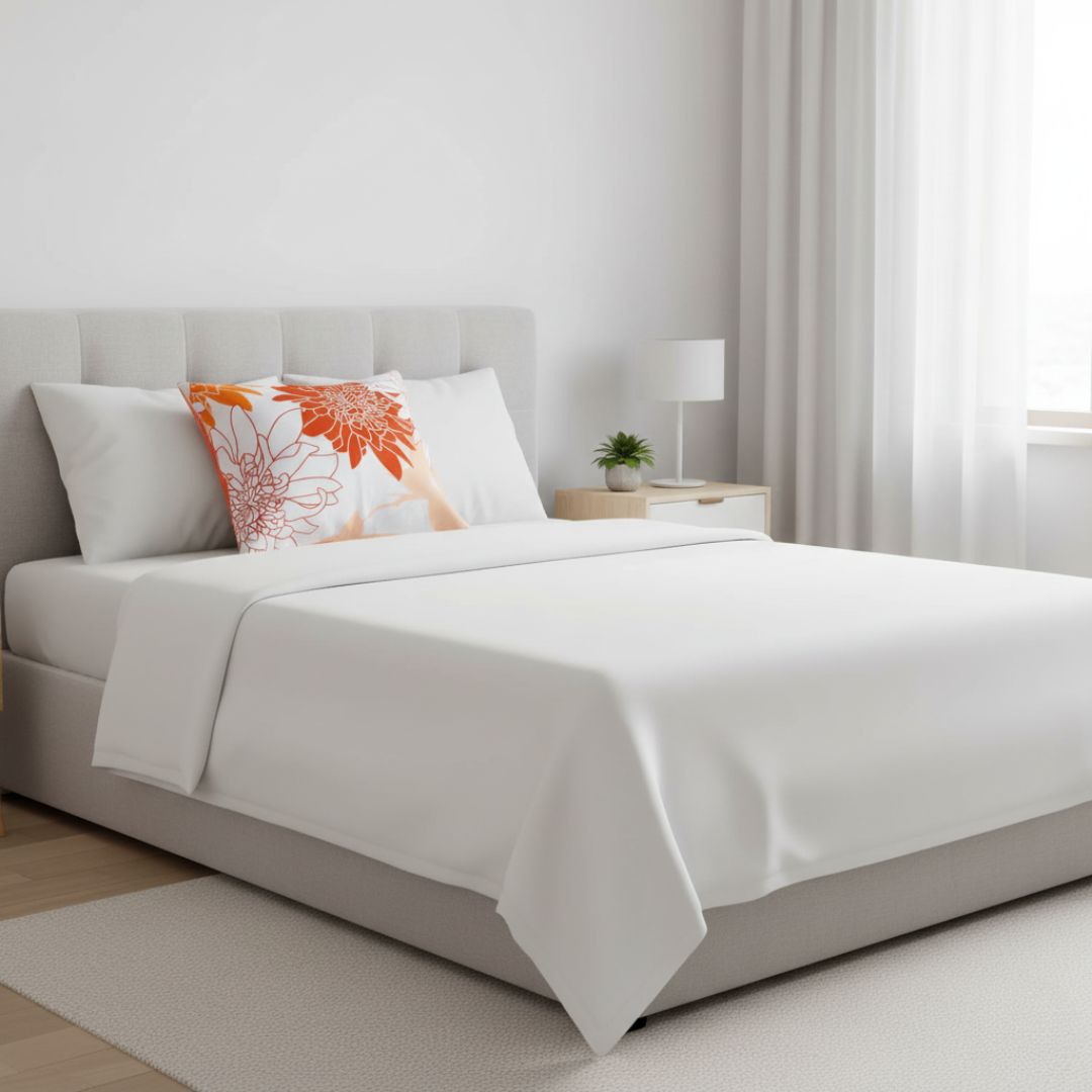 Szatén párnahuzat - Fehér/narancs virágos