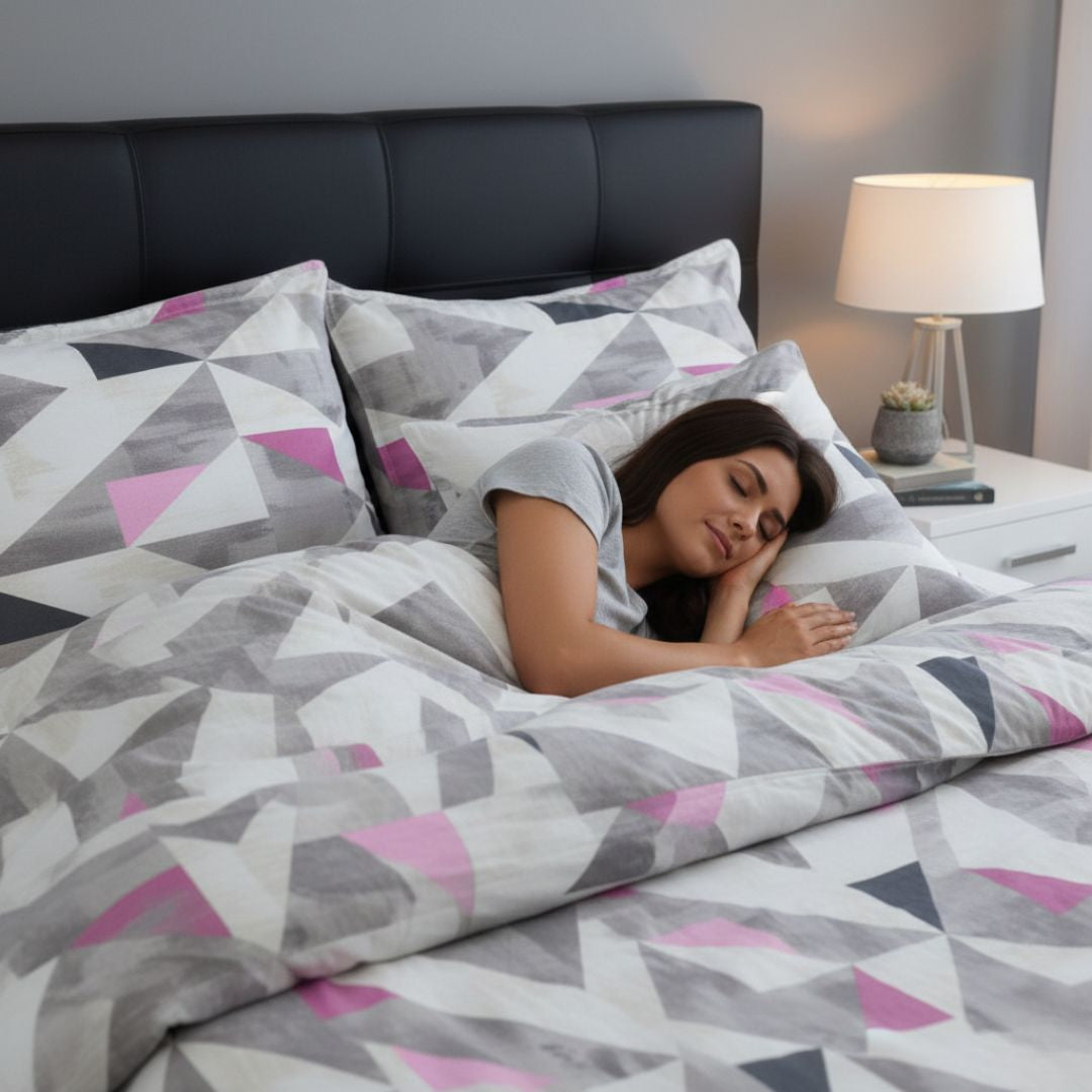 Cotton sateen duvet cover set - 3 pcs - Grey/pink