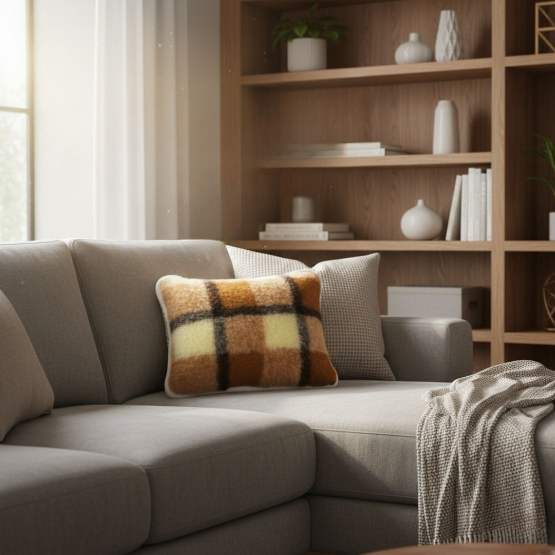 Egyoldalas barna kockás gyapjú arany-fehér mintás kispárna - 30x40 cm