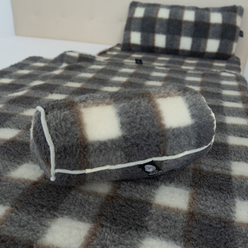 Double-sided grey checkered lambswool cylinder pillow