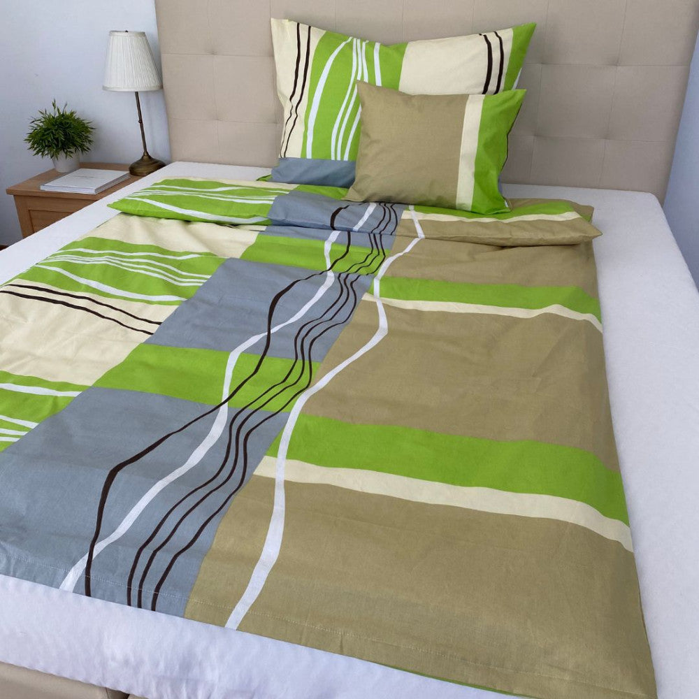 Pamut ágyneműhuzat garnitúra - 3 db-os - Zöld/bézs mintás