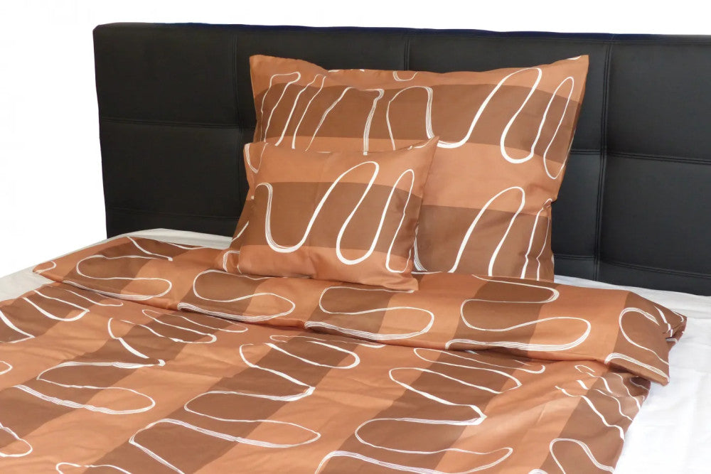 Baumwollsatin-Bettbezug-Set - 3-teilig - Braun/Weiße Welle