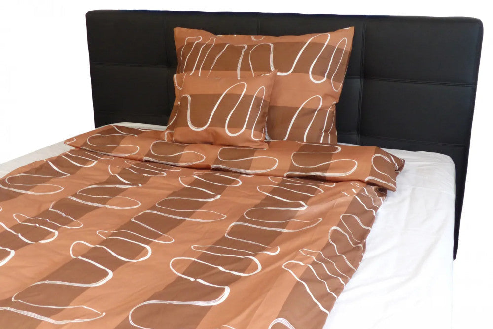 Baumwollsatin-Bettbezug-Set - 3-teilig - Braun/Weiße Welle