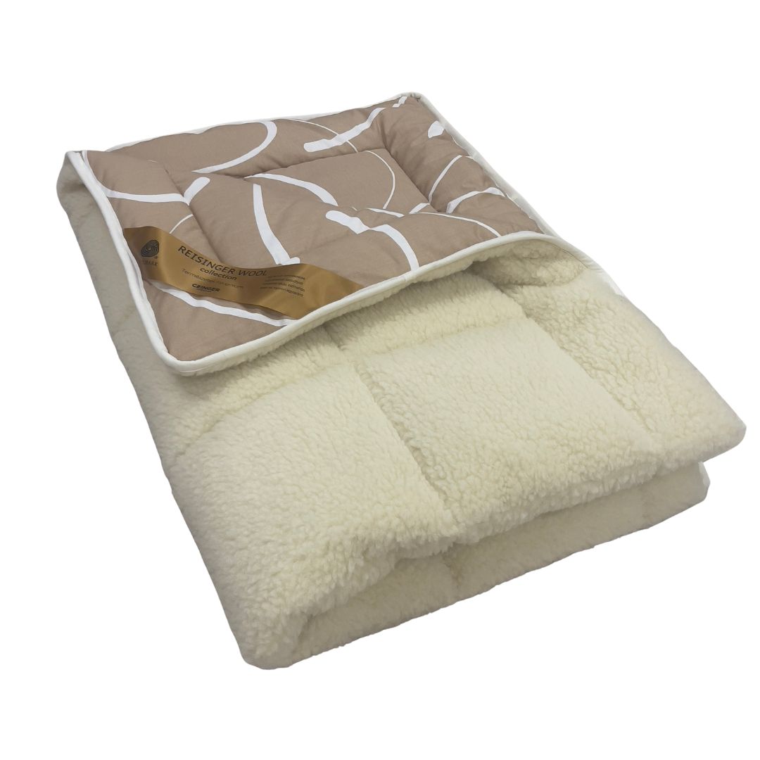 Winterdecke aus Merinowolle und Baumwolle – Beige/Blättermuster