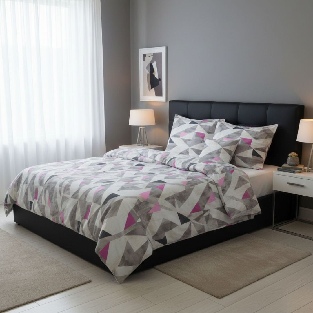 Cotton sateen duvet cover set - 3 pcs - Grey/pink