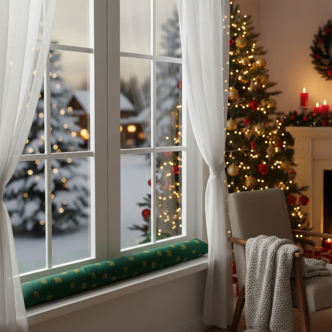 Weihnachtszugluftstopper - grün/goldenes Muster