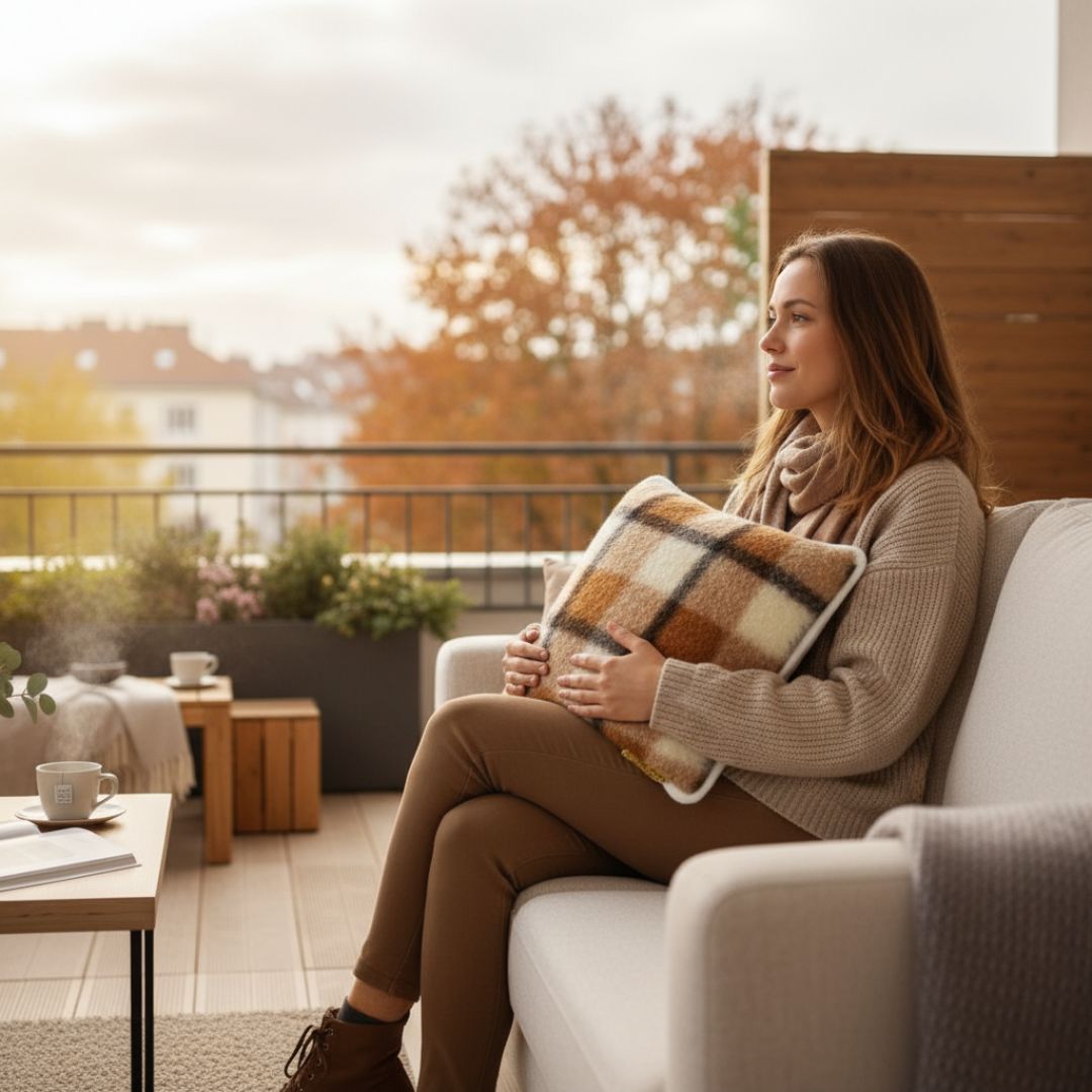 Doppelseitiges Kissen aus grau karierter Lammwolle