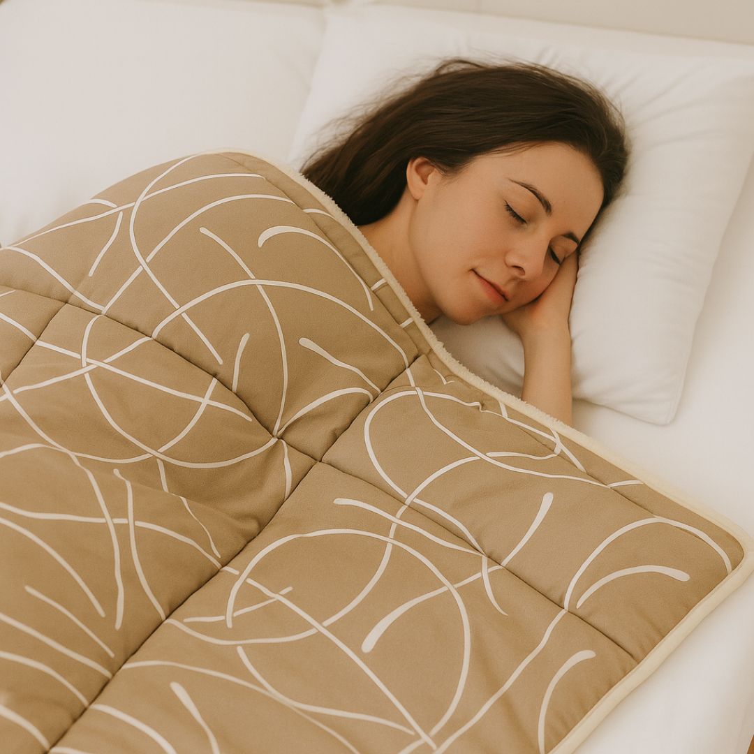 Winterdecke aus Merinowolle und Baumwolle – Beige/Blättermuster