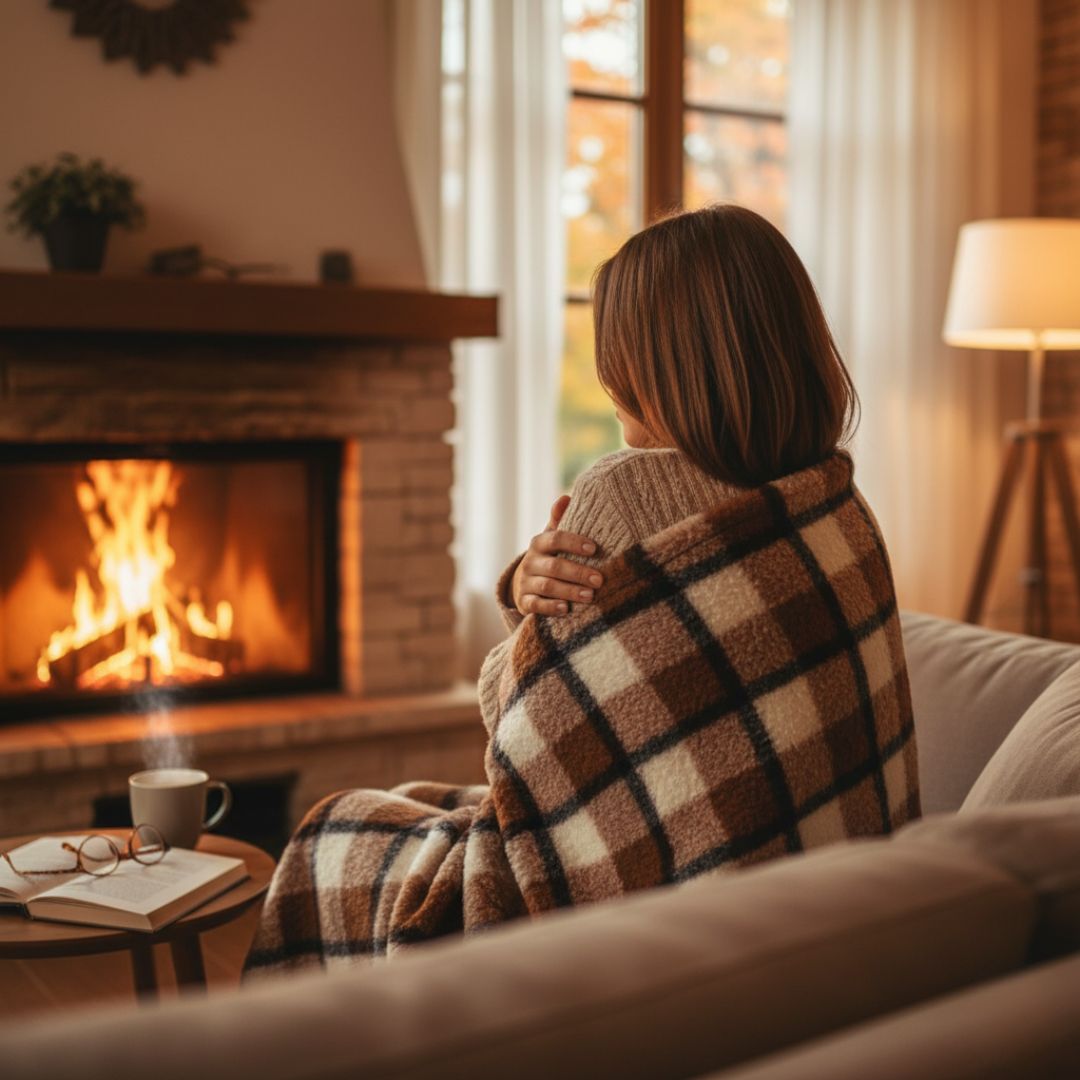Doppelseitige grau karierte Lammwolldecke