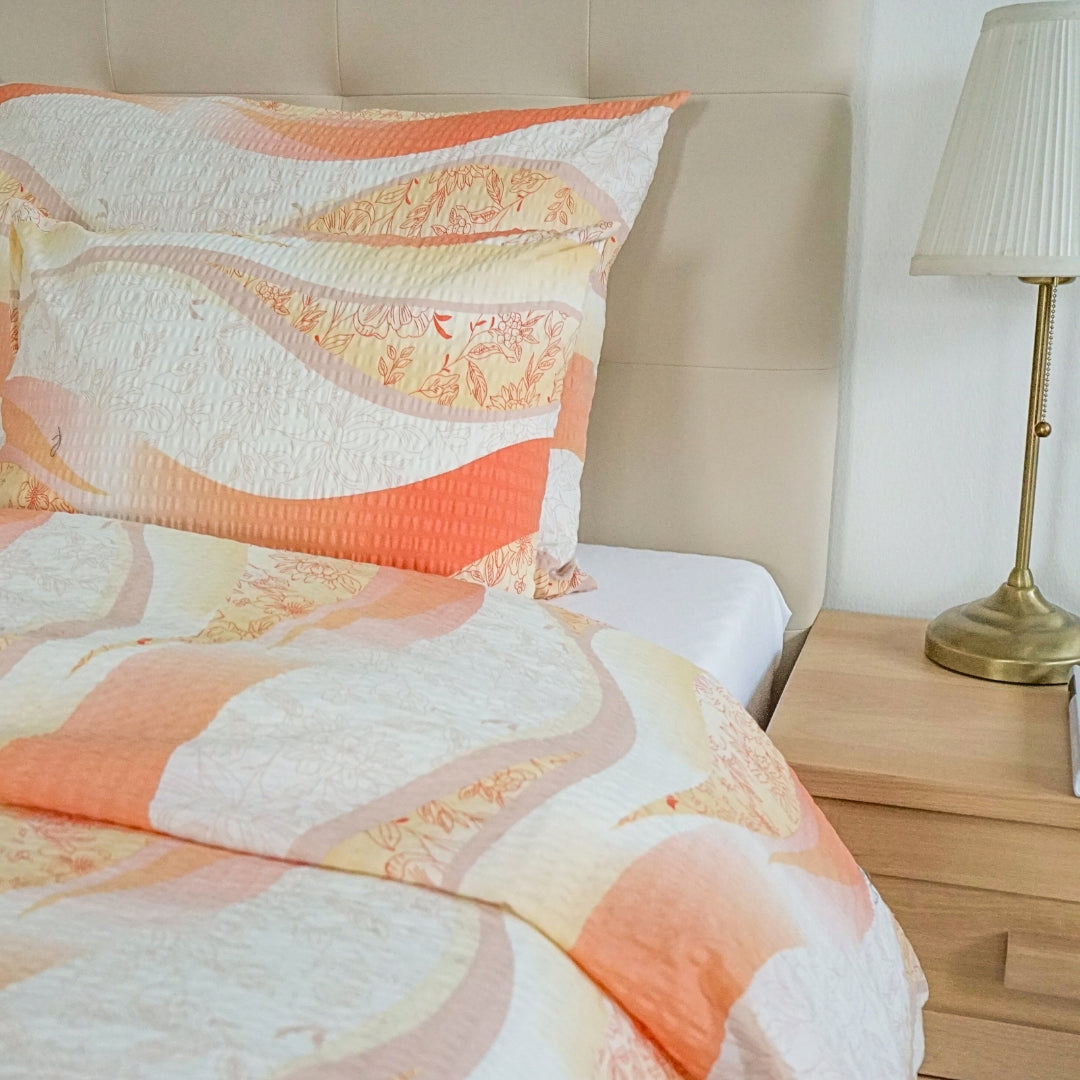 Crepe bed linen set of 3 - Khaki wave pattern