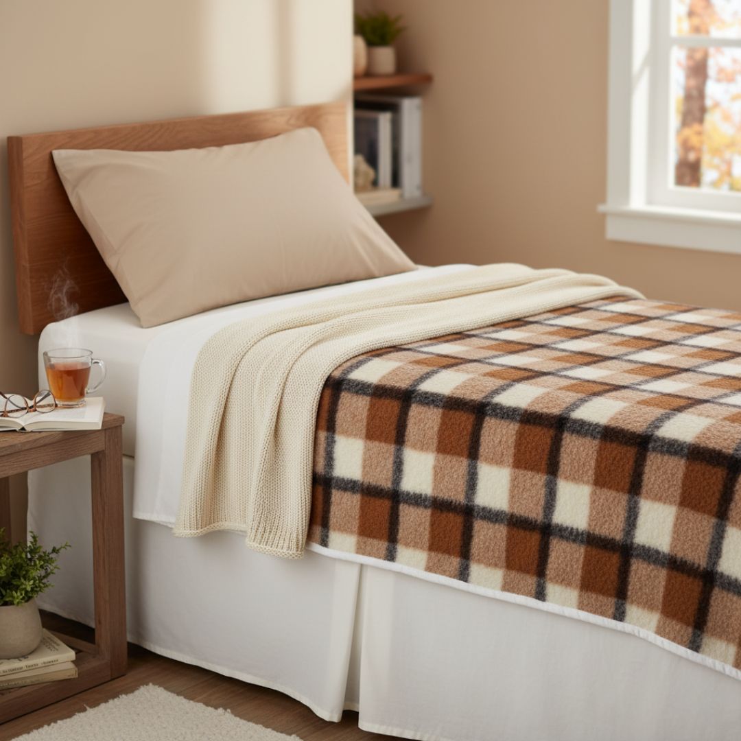 Doppelseitige grau karierte Daunendecke aus Lammwolle