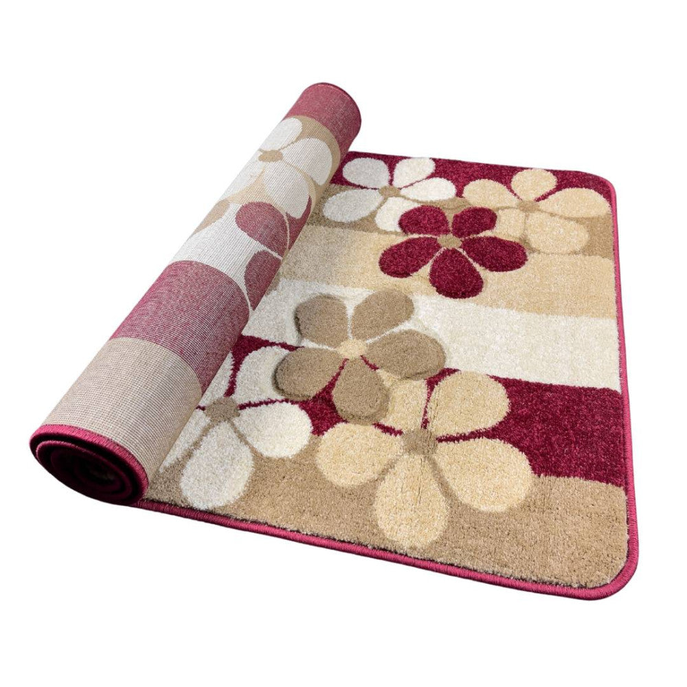 Burgunderrot-Beige Blumenläufer