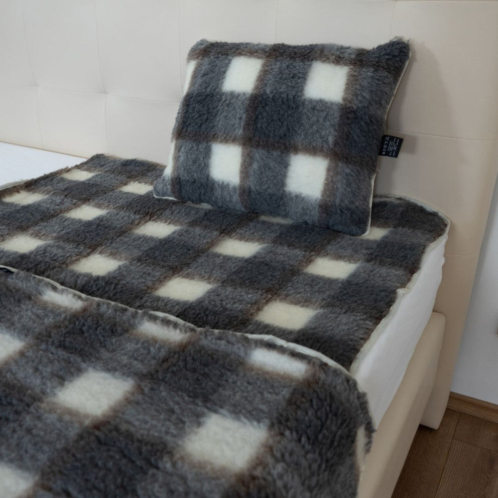 Double-sided grey checkered lambswool cushion