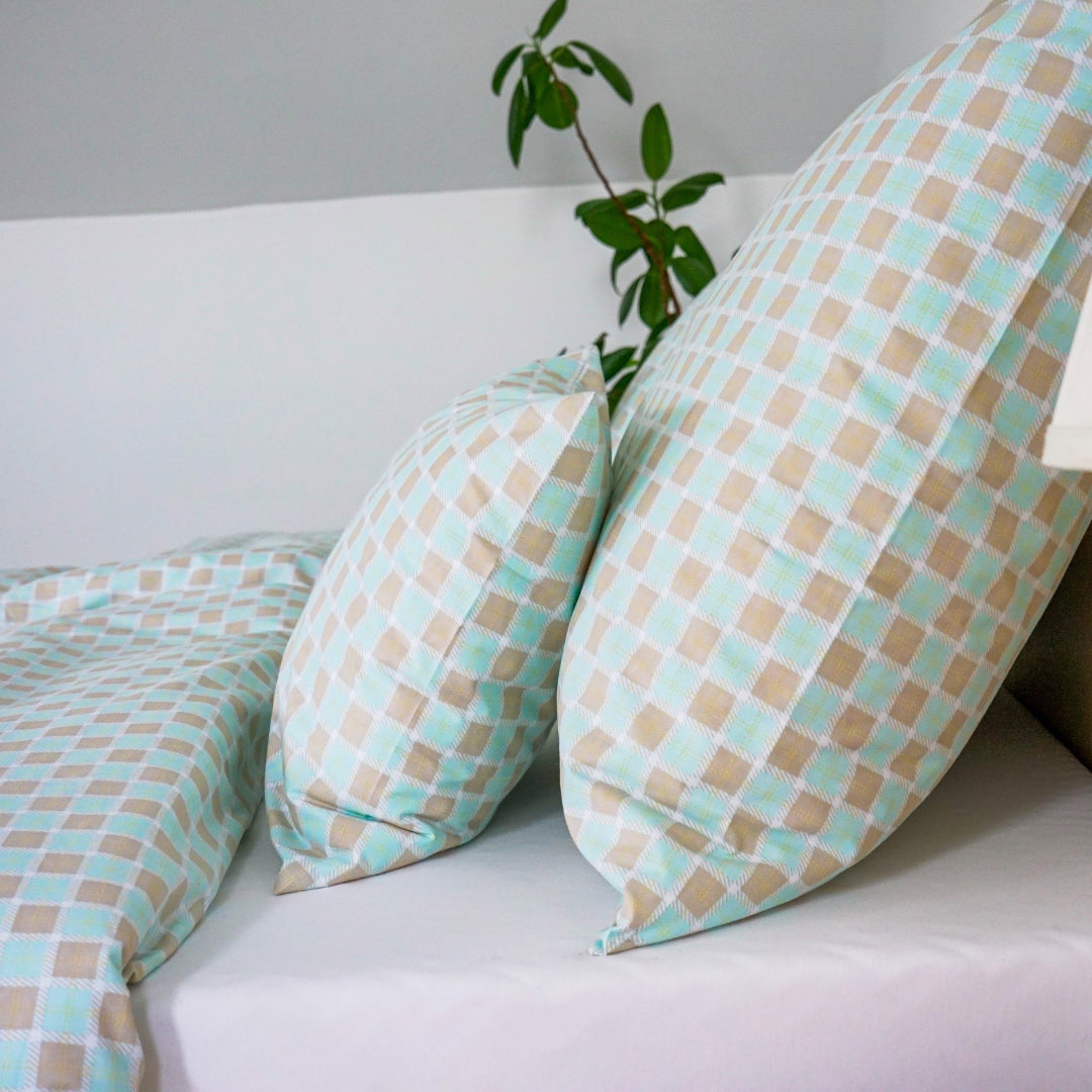 Minty Check cotton duvet cover – fresh plaid style, Scandinavian minimal