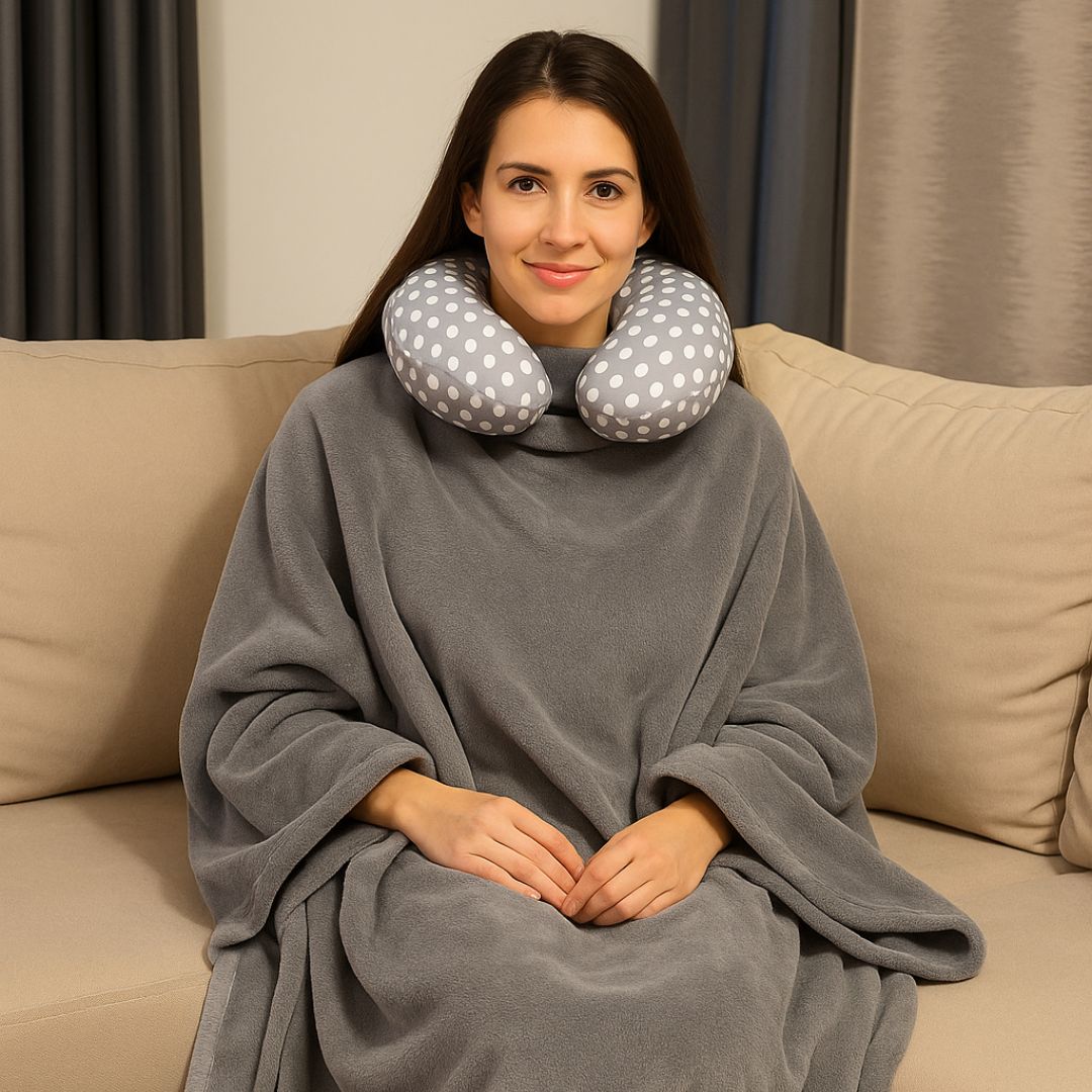 Pamut szürke pöttyös nyakpárna cozy belebújós pléddel - szett