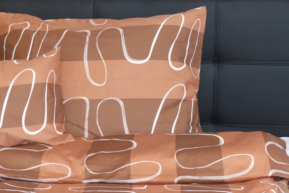 Baumwollsatin-Bettbezug-Set - 3-teilig - Braun/Weiße Welle